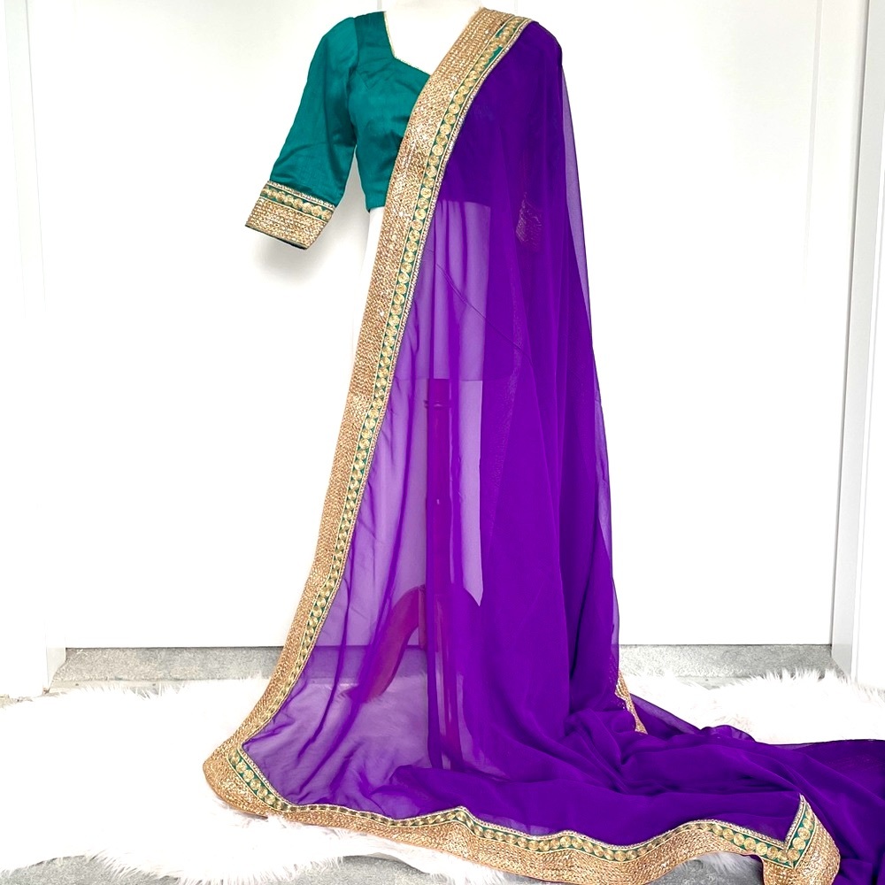 PURPLE, GOLD & TEAL Georgette Saree